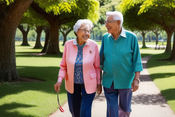 Elderly couple enjoying a walk in a park