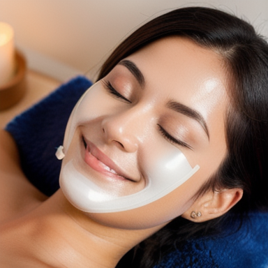 Mulher sorrindo recebendo tratamento facial em uma clínica